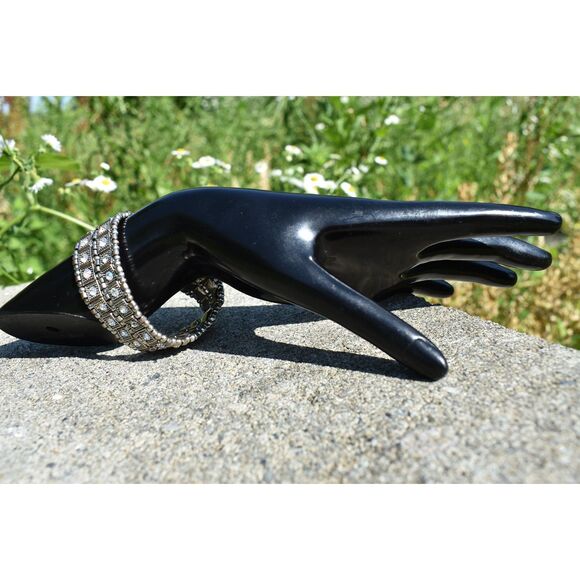 Iridescent Glass & Silver Beaded Stretch Bracelet – Elegant, Timeless, Chic (7") - Picture 2 of 10